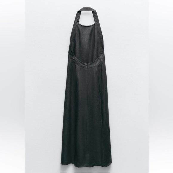 New ZARA Midi dress 100% linen neck metal buckle Open back gray - Picture 4 of 6